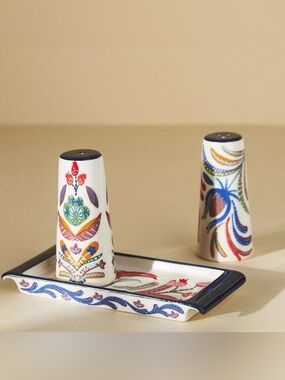 Anthropologie Floral Ceramic Salt & Pepper Shaker Set with Tray - Folk Art